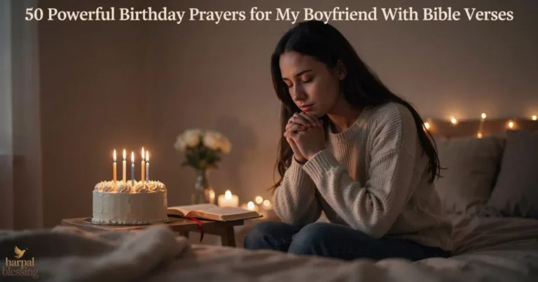 Woman praying birthday prayers for my boyfriend beside a Bible and lit birthday candles