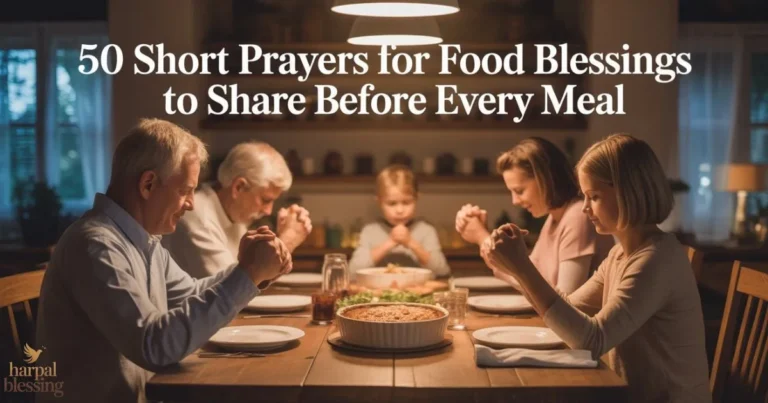 Family praying before meal with short prayers for food blessings, Christian gratitude and mealtime faith tradition