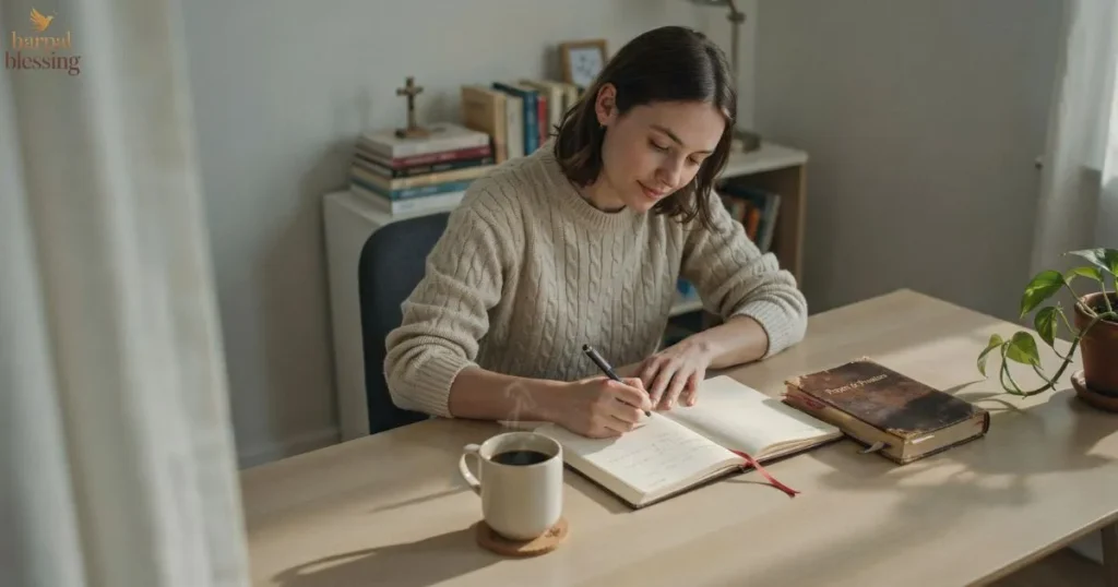 Woman writing a heartfelt birthday prayer for her boyfriend in a journal