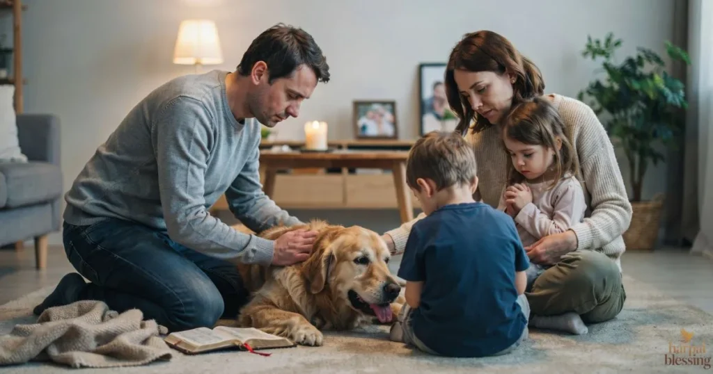Christian family praying for pets with faith, hope, and trust in God's loving care