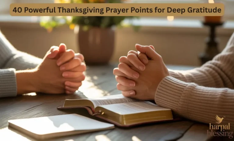 Person praying with a Bible at a Thanksgiving table, representing 40 powerful Thanksgiving Prayer Points for deep gratitude.