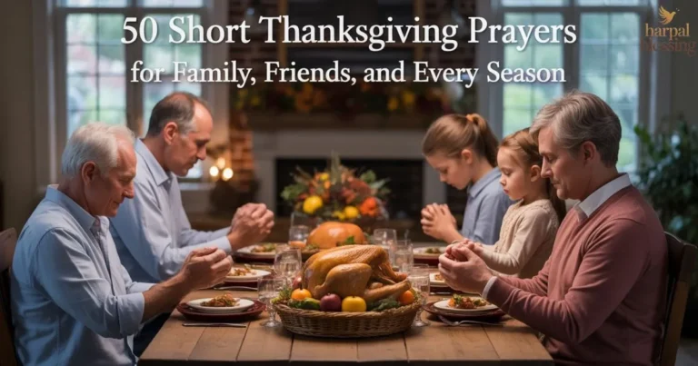 Family praying together with Short Thanksgiving Prayers for gratitude, blessings, and faith