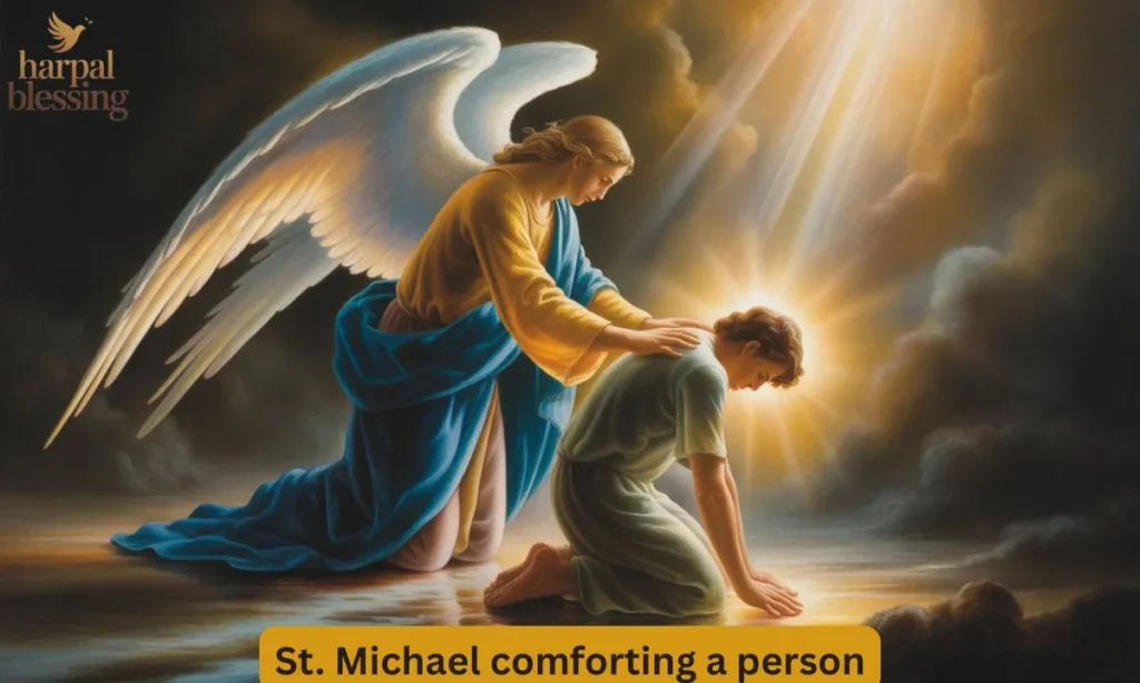 St. Michael comforting a person surrounded by darkness, replacing fear with calming divine light.
