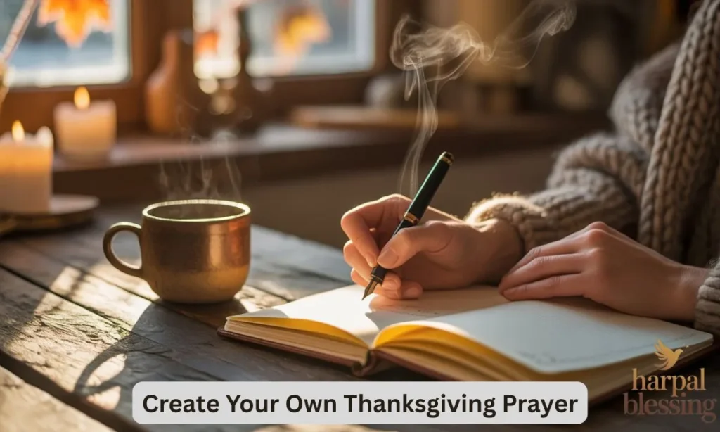 A person writing their own Thanksgiving prayer in a journal, demonstrating how to create a personalized prayer.