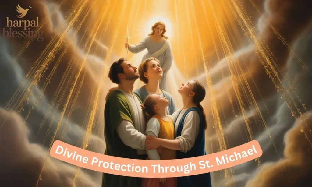 St. Michael’s first sword shining divine light over a family, symbolizing complete protection and safety.