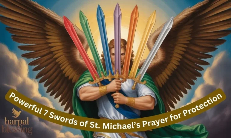Seven glowing swords of St. Michael representing divine protection, each with unique light symbolizing the seven facets of St. Michael’s power.