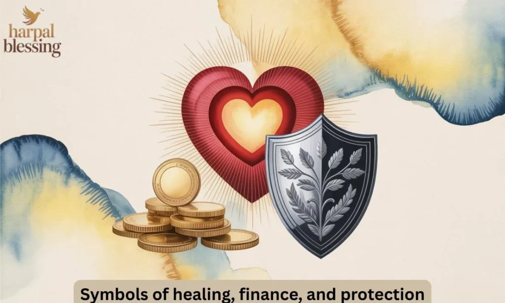 Symbols of healing, finance, and protection, illustrating Powerful Miracle Prayers for Specific Needs.