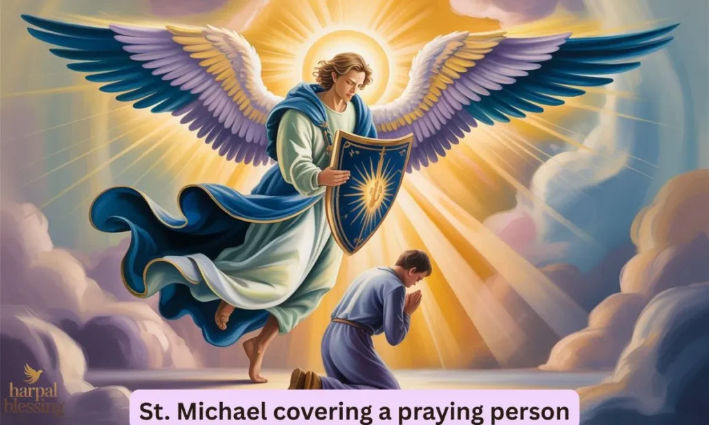 St. Michael covering a praying person with his wings as a symbol of heavenly protection.