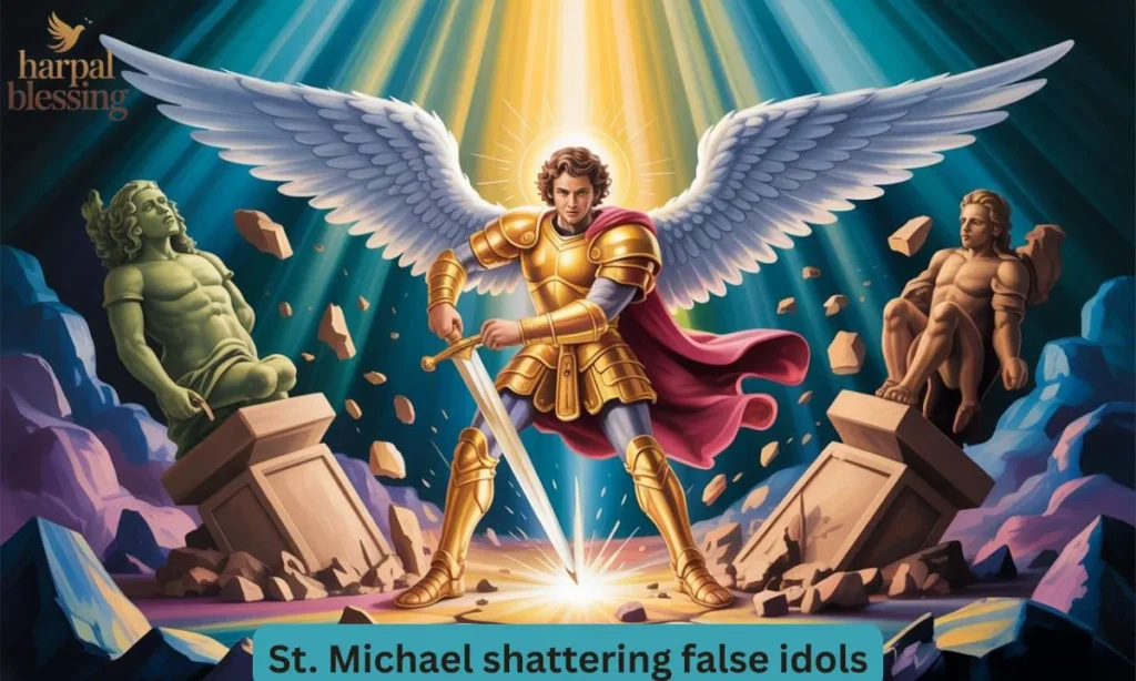 St. Michael destroying false idols with his sword, symbolizing protection from idolatry.