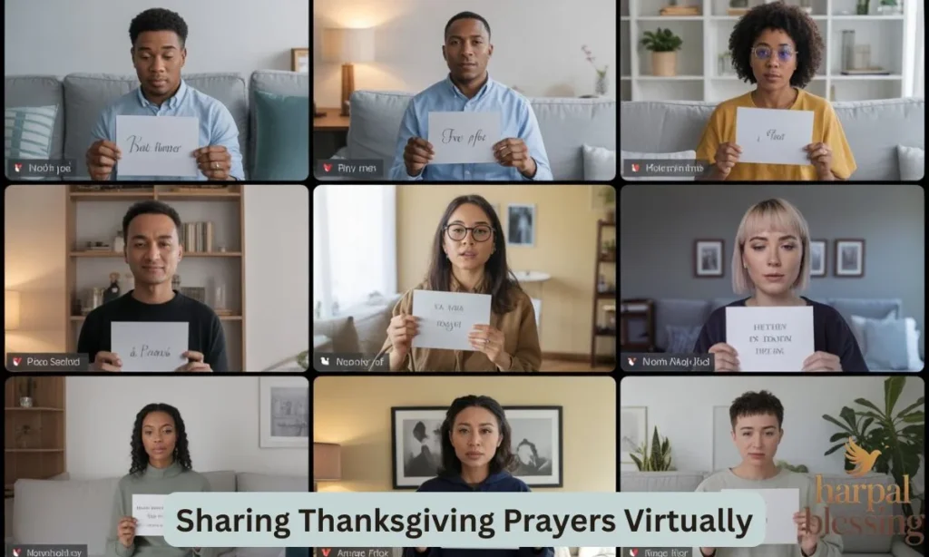 Family and friends sharing Thanksgiving prayers virtually, connecting through technology and spreading gratitude.