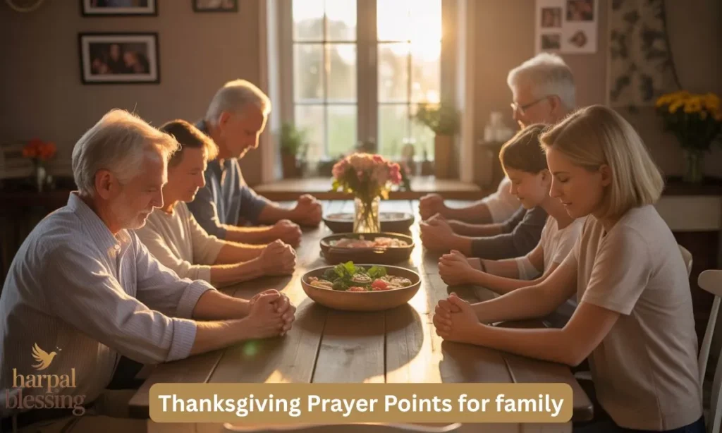 Family praying together, representing Thanksgiving Prayer Points for family, relationships, and Christian gratitude.
