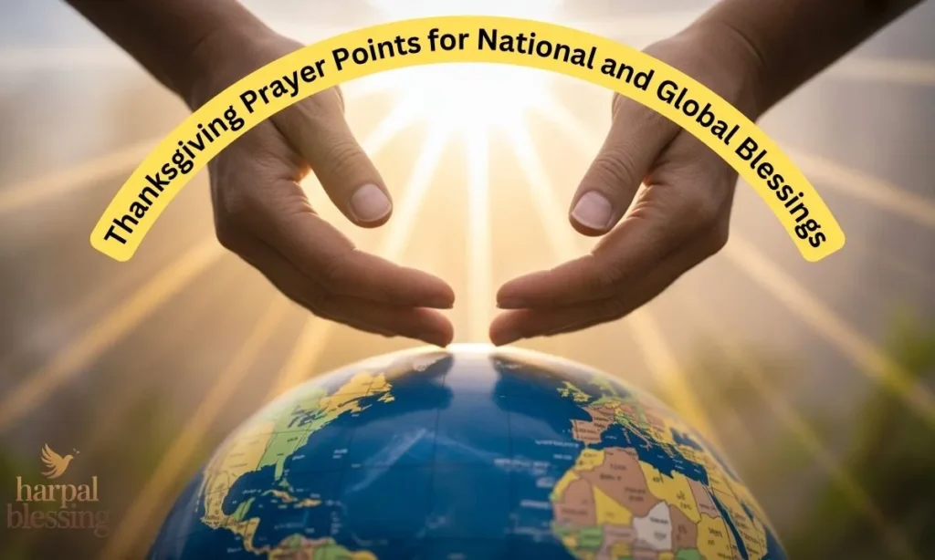 Hands lifted in prayer over a globe, representing Thanksgiving Prayer Points for national and global blessings.