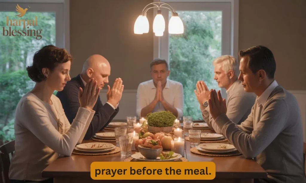 A family holding hands around a Thanksgiving dinner table, symbolizing the act of giving thanks through prayer.