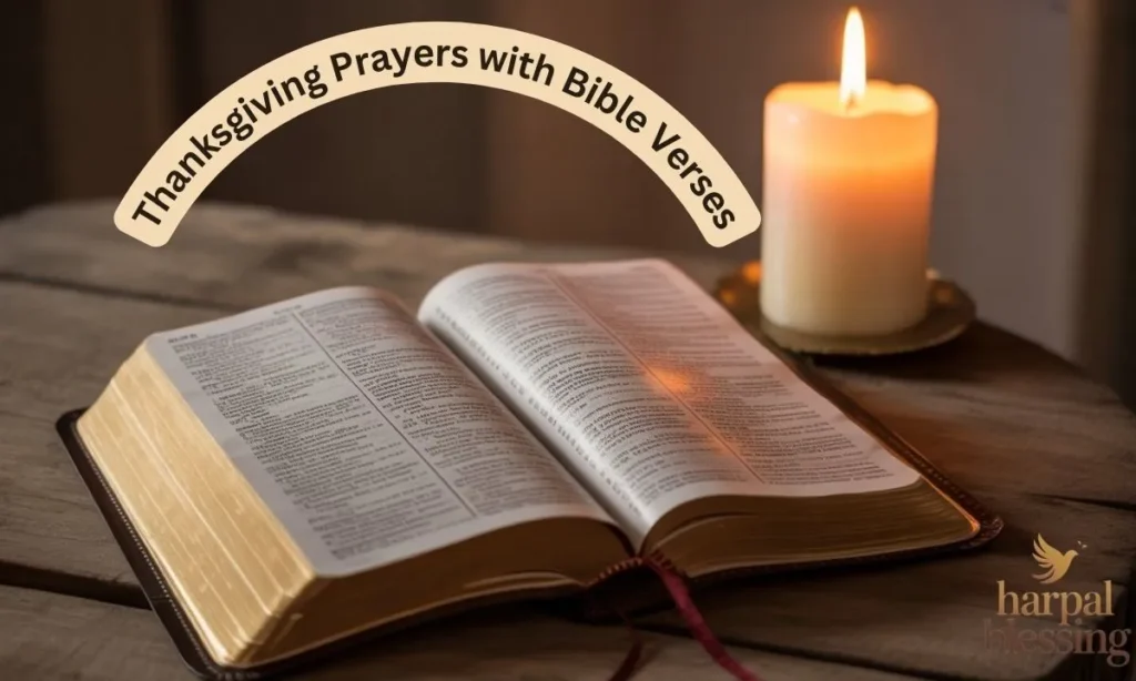 An open Bible with a Thanksgiving scripture, symbolizing prayers combined with Bible verses to enhance gratitude