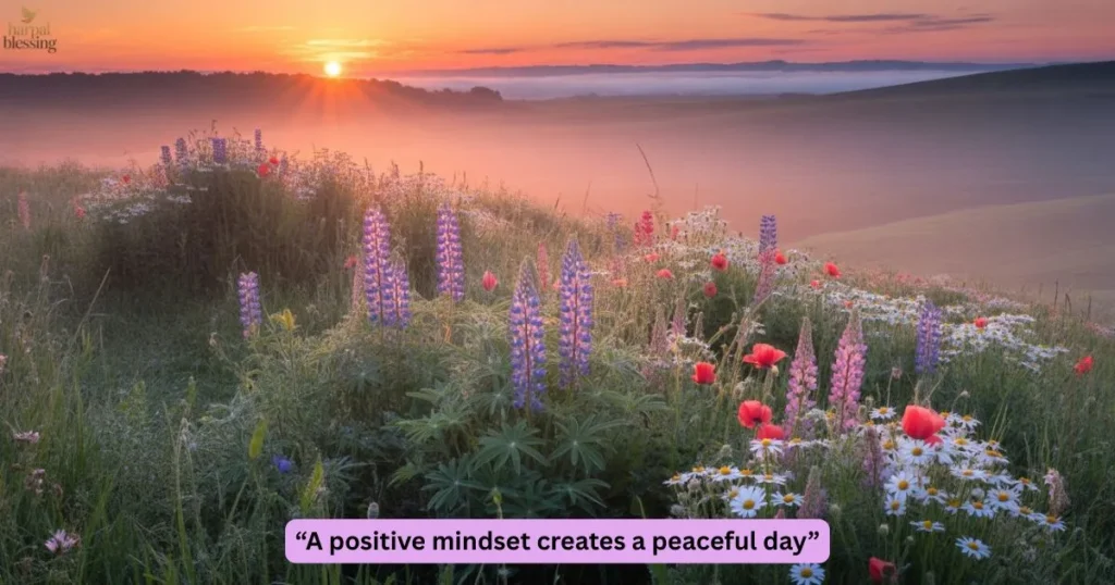 Positive mindset Monday blessing image meadow sunrise