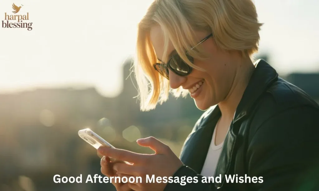 Person smiling at a phone, showing how good afternoon messages and wishes brighten someone’s day.