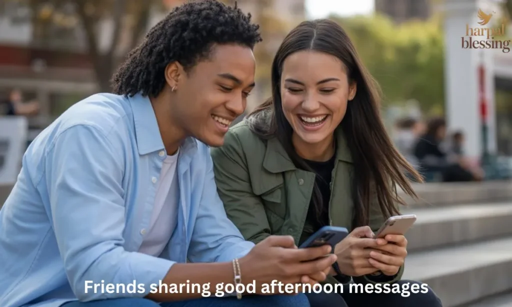 Friends sharing good afternoon messages, enjoying laughter and connection in the afternoon.