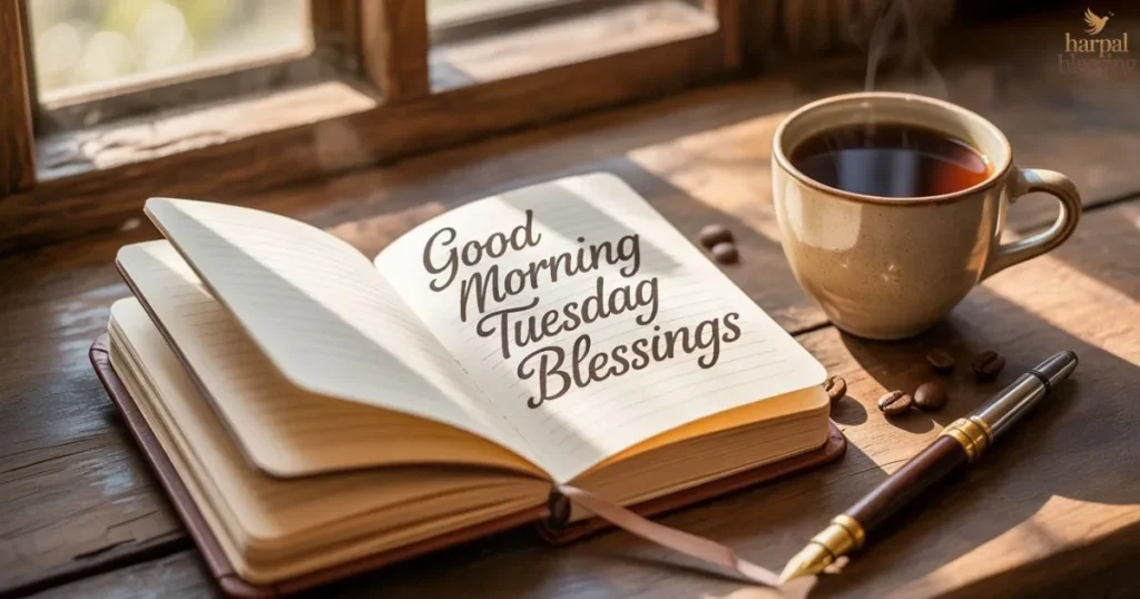 Good Morning Tuesday blessings written in a journal with focus on hope and gratitude.