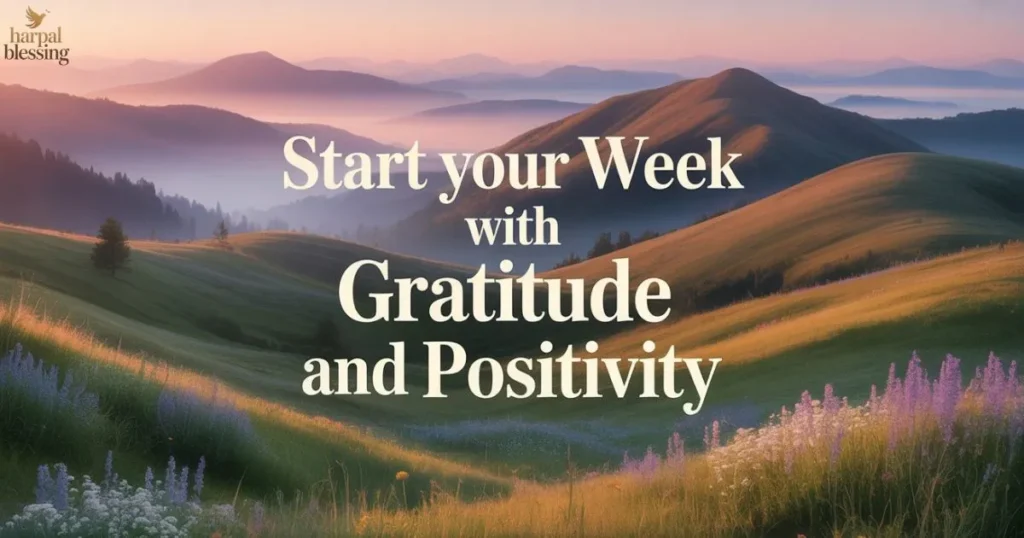 “Monday morning blessing image with gratitude quote on mountain landscape for positive start”