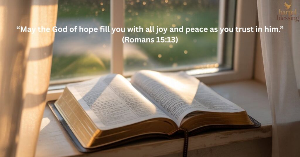 Romans 15:13 Monday morning blessing image with peaceful sunrise inspiring hope and joy