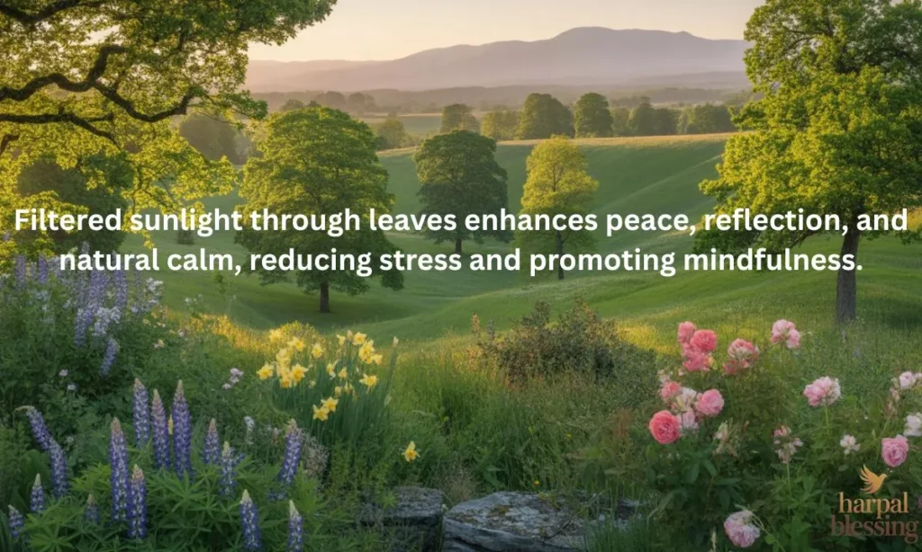 Nature-themed good afternoon image with sunlit trees, open fields, mountains, and colorful gardens.