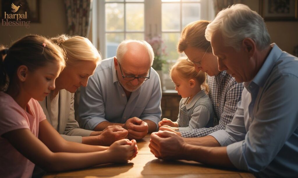 Family praying together in warm afternoon light, symbolizing prayers for family, love, and blessings.