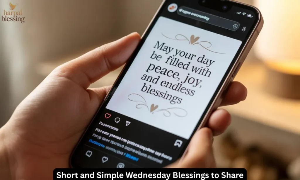 Smartphone screen with short Wednesday blessings, easy to share and uplift loved ones midweek.