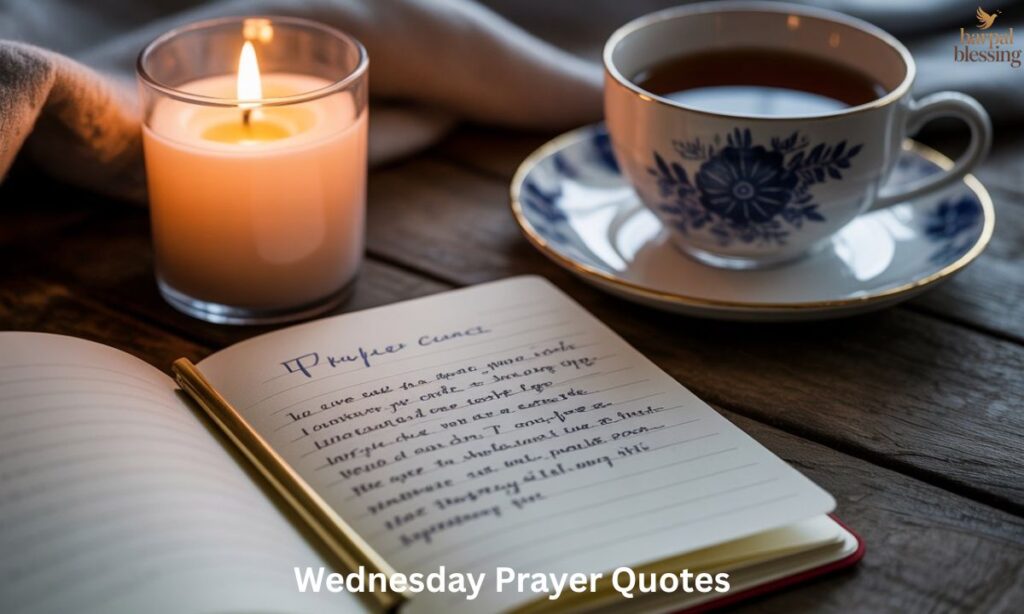 Explanation of Wednesday prayer quotes with handwritten note, candle, and tea for midweek faith and spiritual reflection