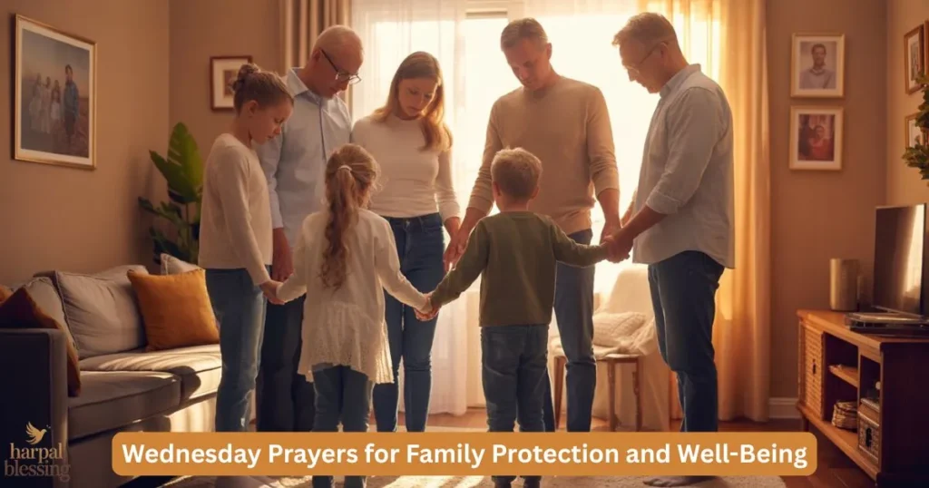 Family praying together with Wednesday prayers for protection, well-being, and love.